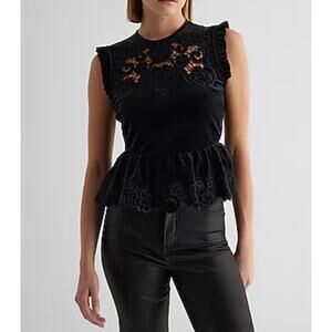 Express Velvet Floral Crochet Peplum Blouse Sz S Black Sleeveless Western Boho